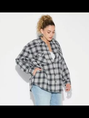 Women's Oversized Long Sleeve Collared Flannel Shirt Wild Fable Black Plaid XXL